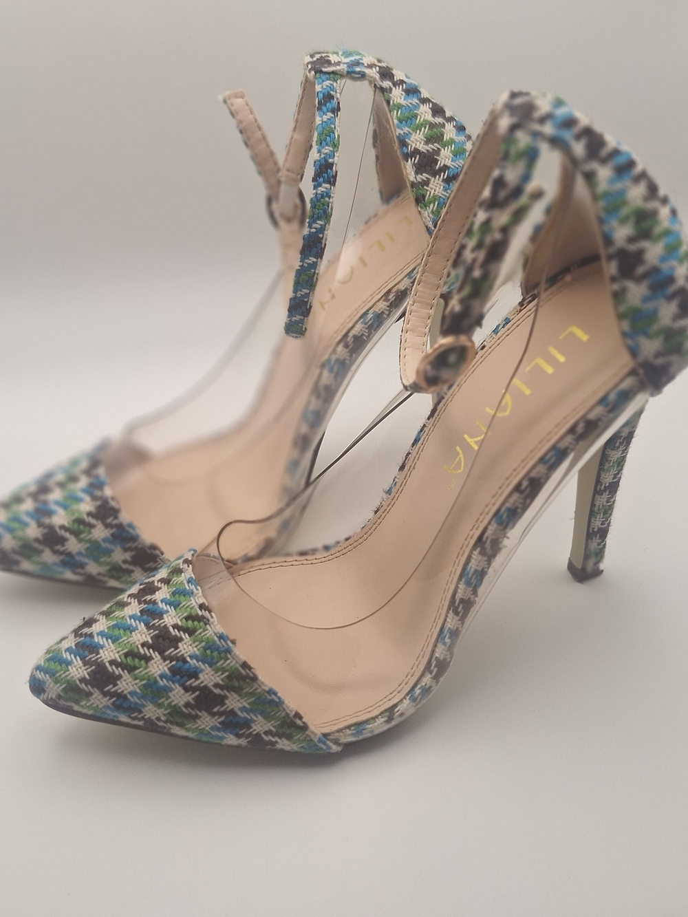 Liliana Blue Multi Tweed Pointed-Toe Ankle-Strap Heels